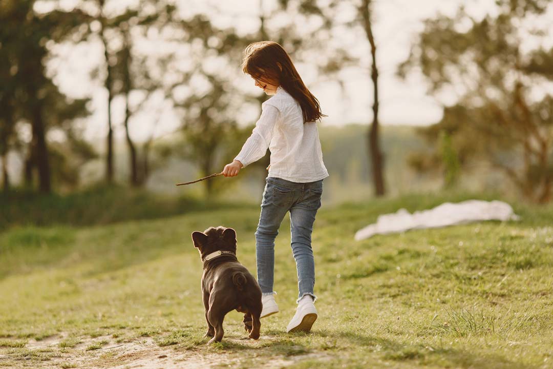 Paying is State of Being. Little Child Play with Toy Dog Outdoors