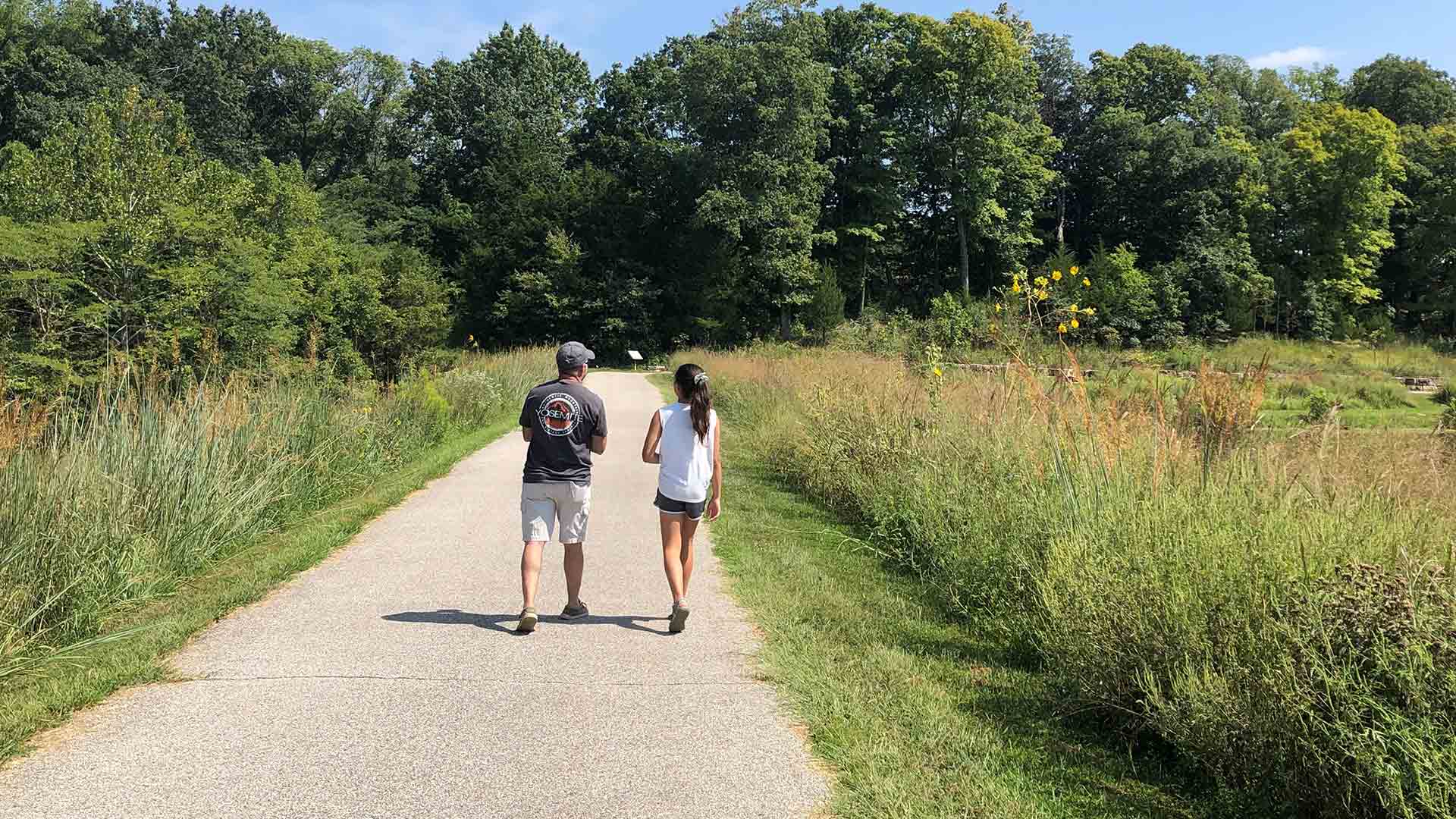 Father and daughter walking together in a park