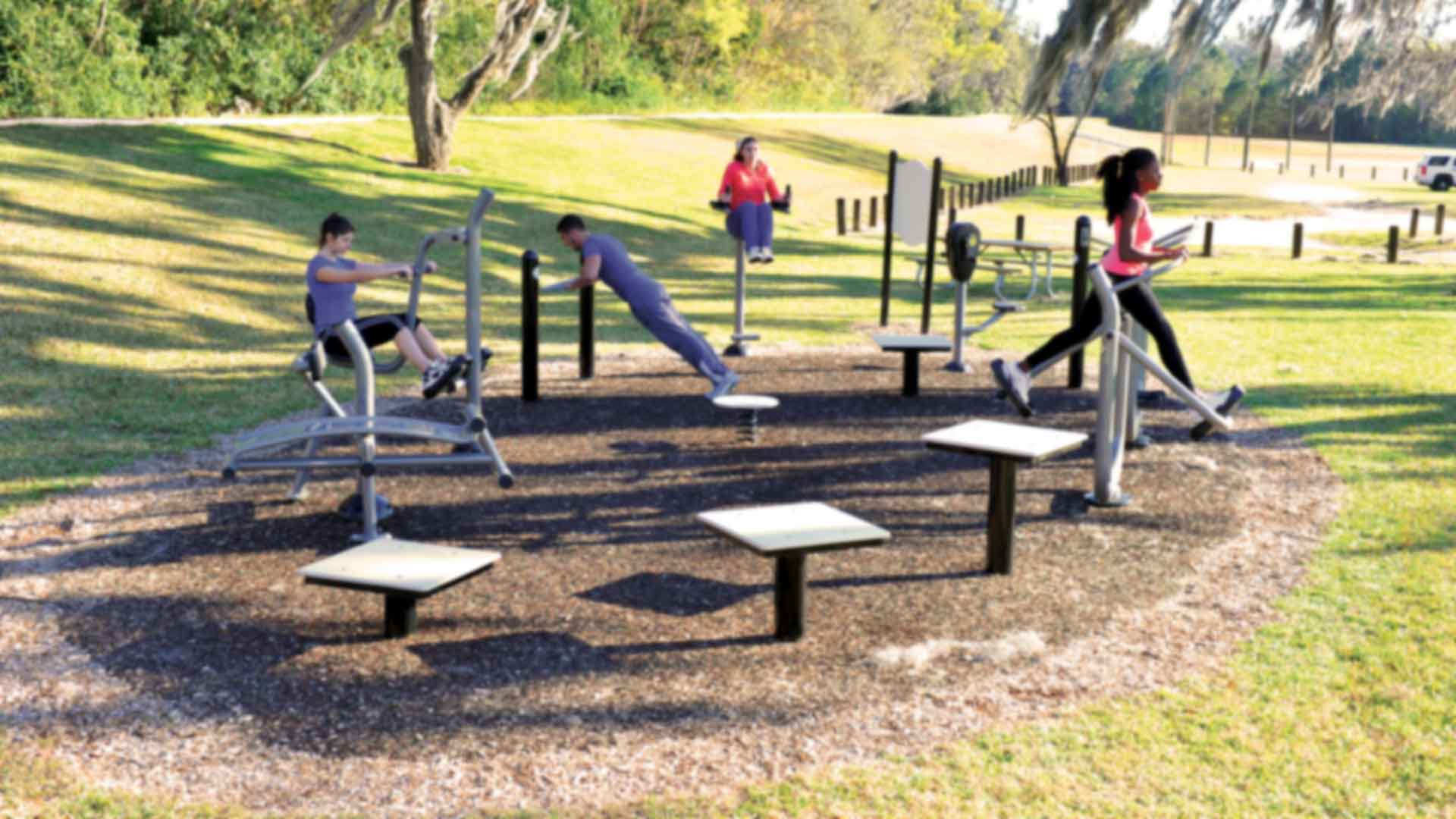 large set of outdoor exercise equipment