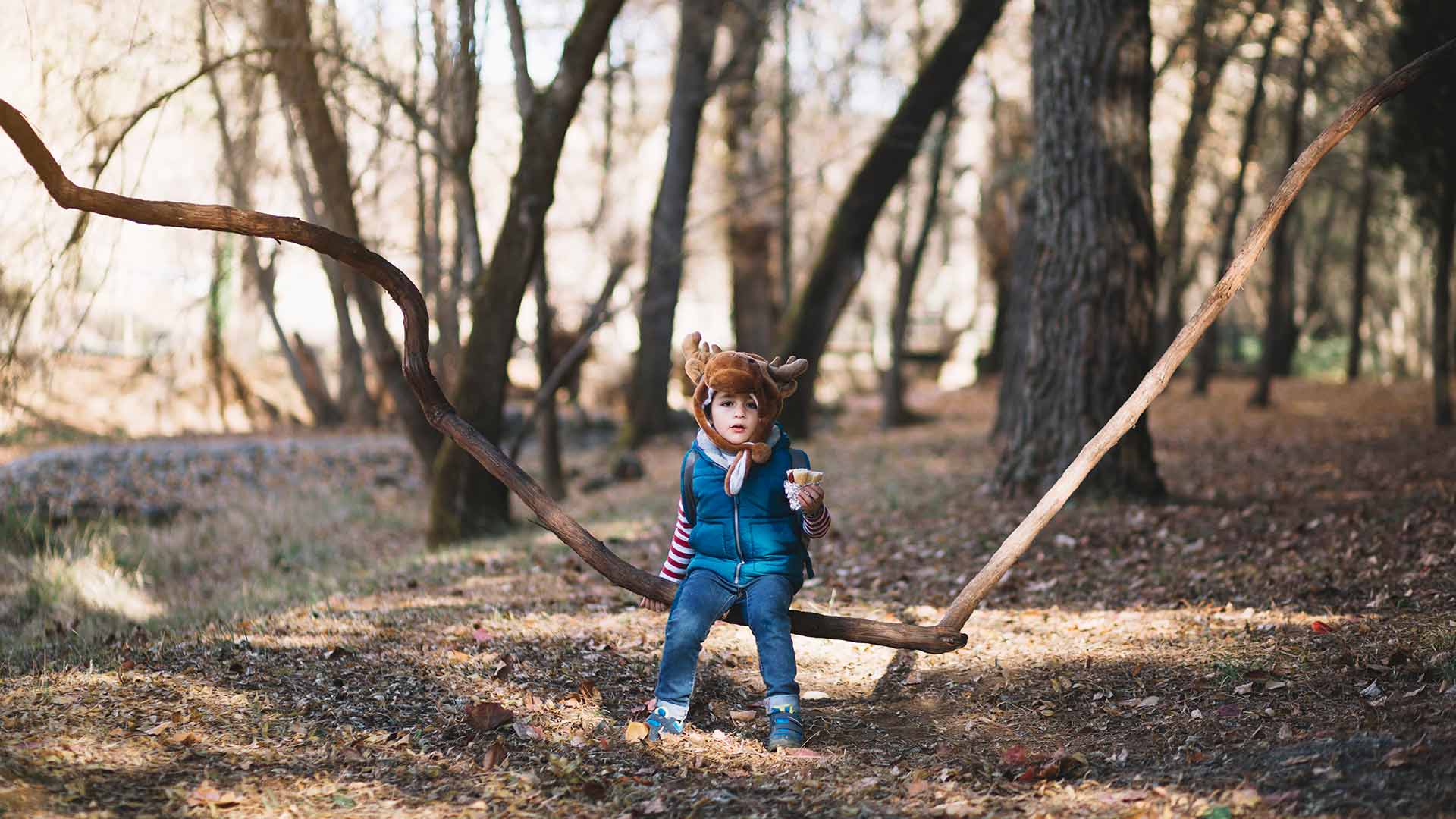 young boy sits on branch 