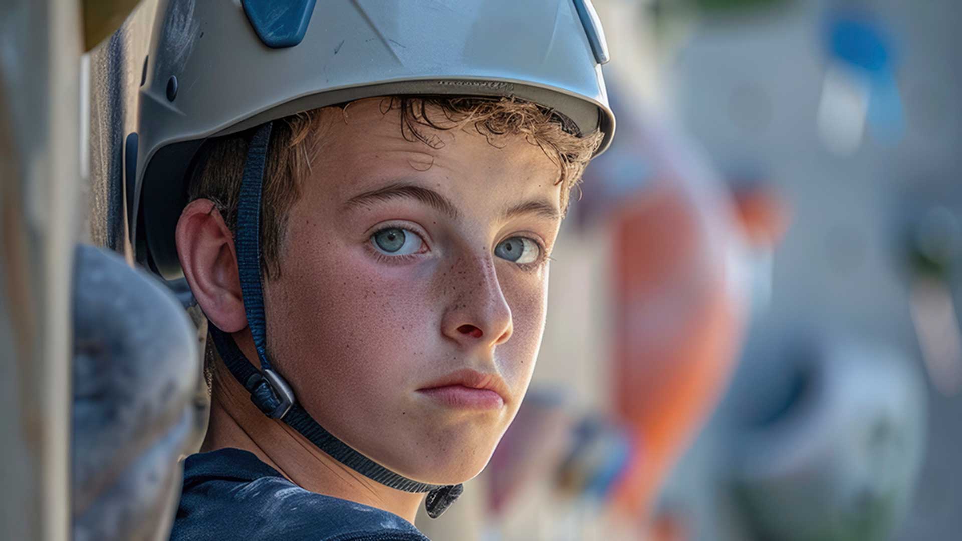 boy standing in front of a rock wall