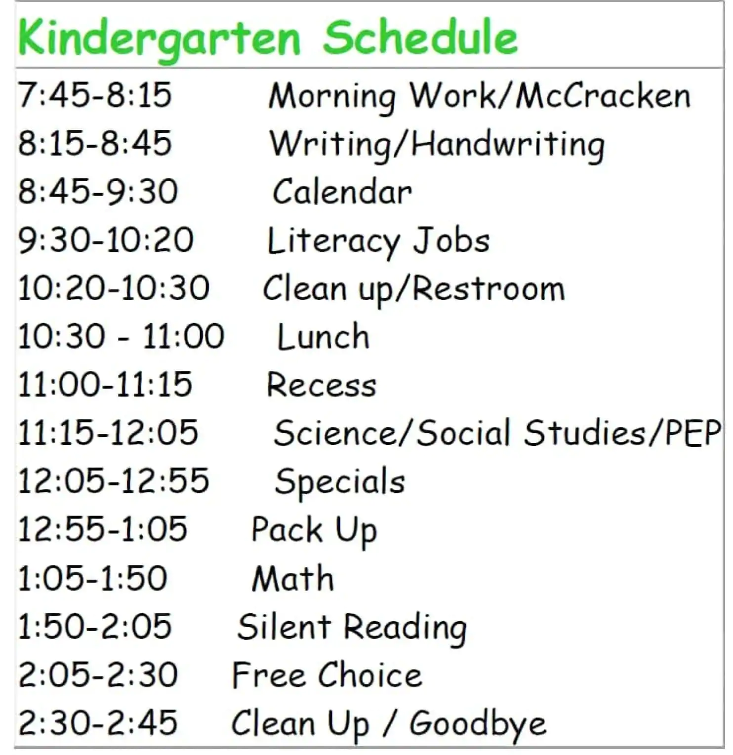 Sample kindergarten schedule