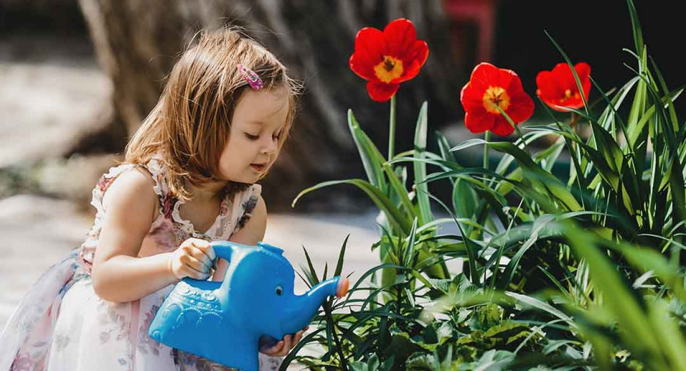 little girl watering flowers