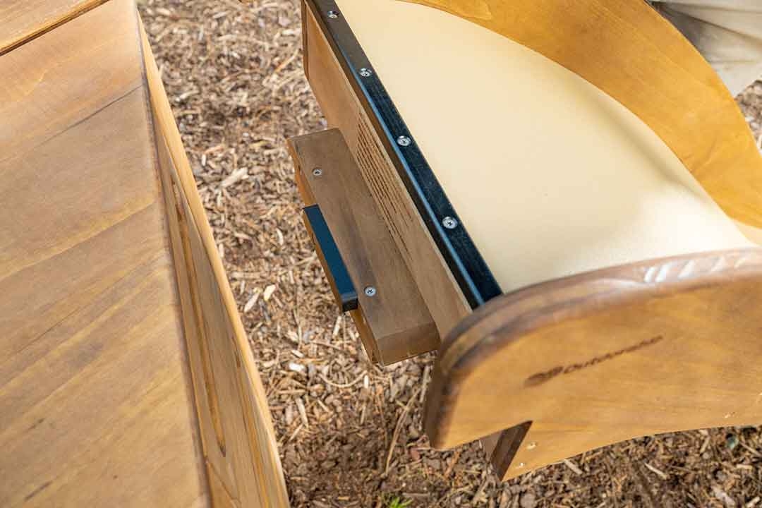 Close-up detail of Outdorable modular timber slide connection showing sustainable hardwood construction quality and craftsmanship