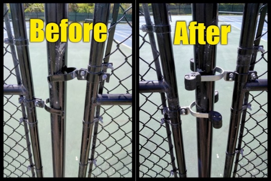 A side-by-side before and after comparison showing a sharp, exposed traditional chain-link gate latch replaced by a sleek, low-profile KinderLatch safety latch on a tennis court fence.