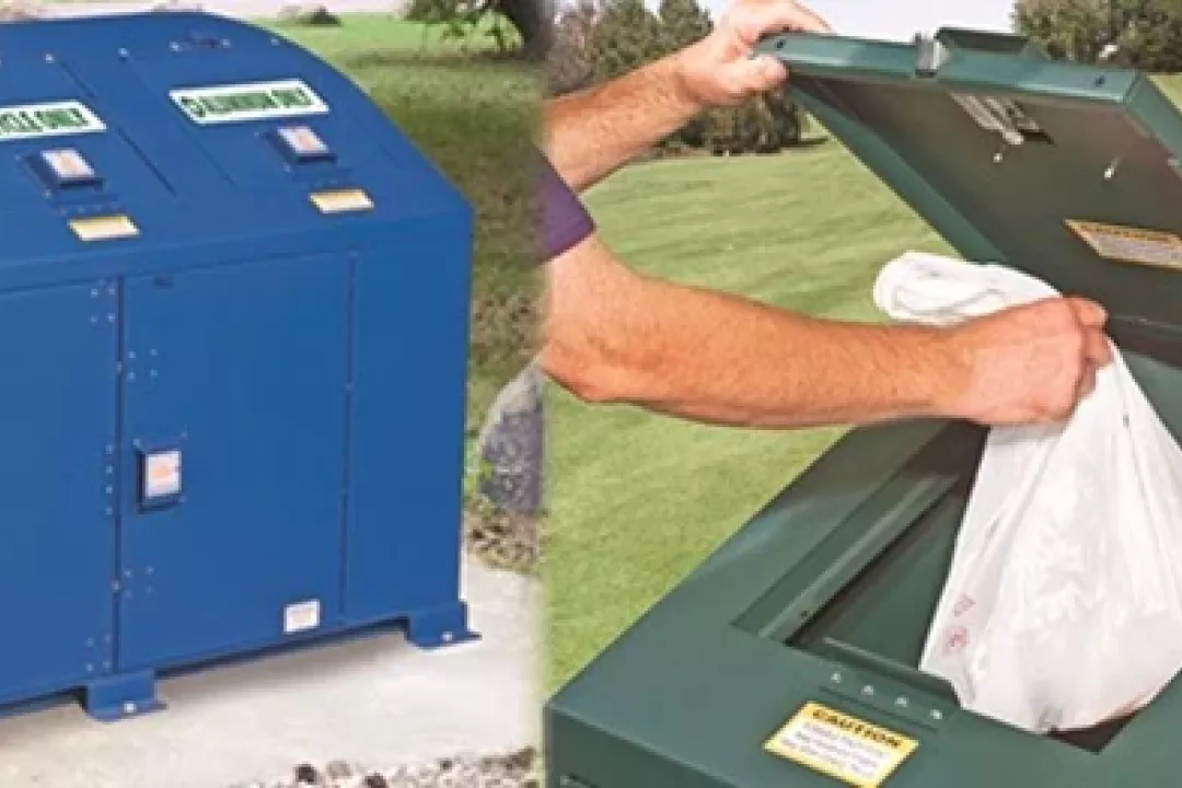 A heavy-duty blue triple-compartment outdoor waste station for trash, recycling, and aluminum, shown alongside a close-up of a green receptacle being used.
