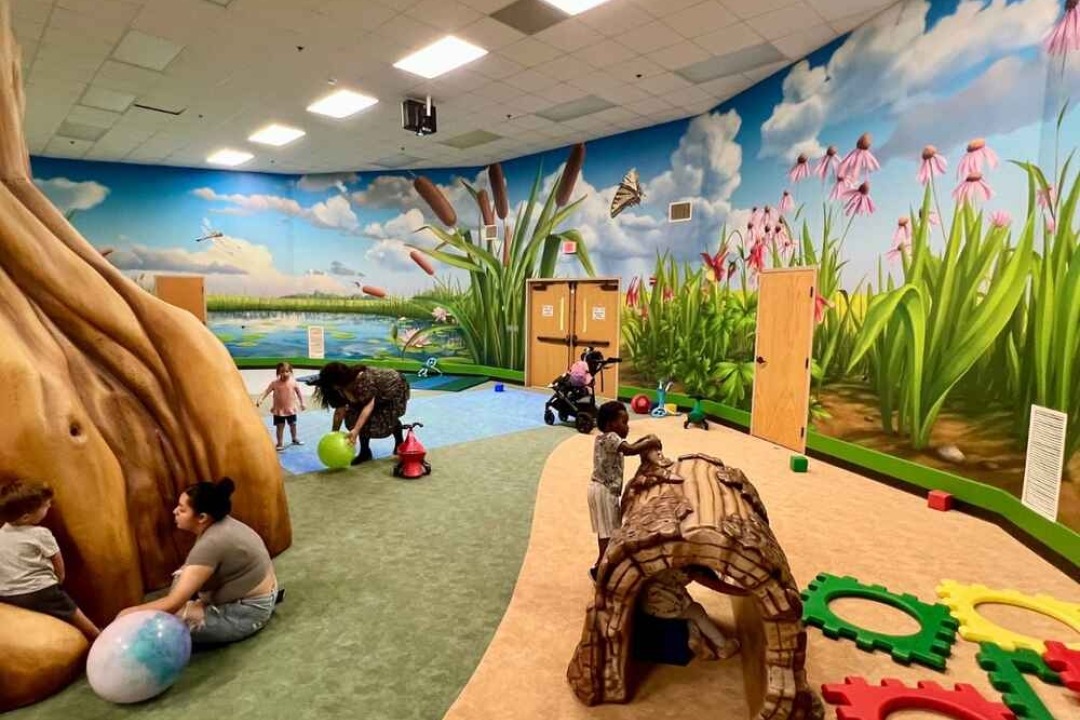 Children enjoy an immersive indoor play space featuring a sculpted tree trunk, a life-size tortoise, and a vibrant wetland mural wrapping the walls.