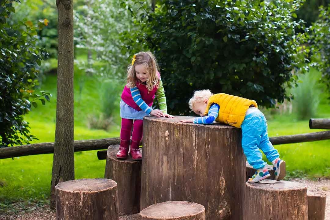 Two young children explore a natural play area, climbing and peering over a arrangement of large tree stumps of varying heights in a lush green garden setting.