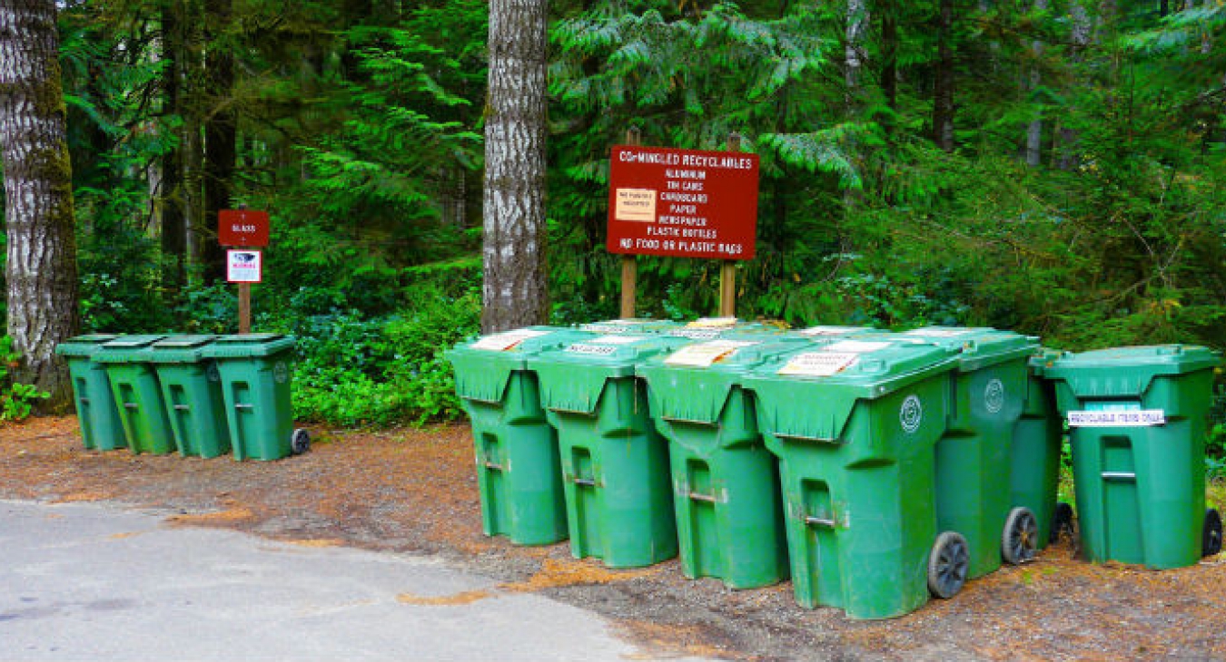 Recycling bins in a park