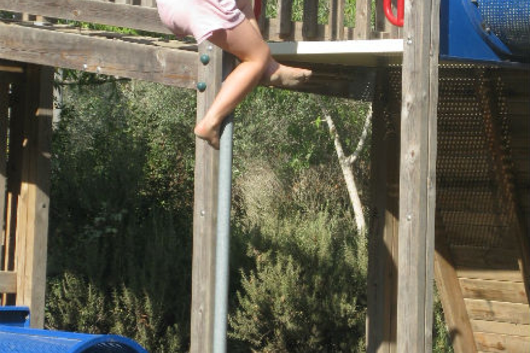 Young girl showing her power climbing a pole.