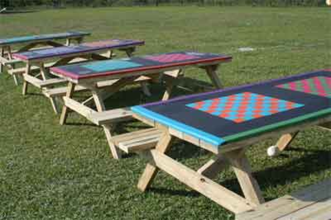 Painted picnic tables for board games