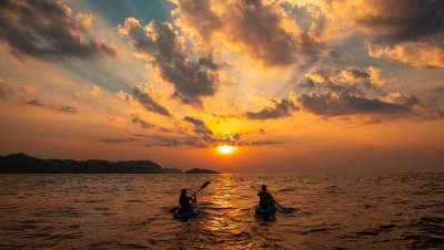 couple rowing kayaks into sunset
