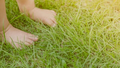 Child barefoot in grass near playground