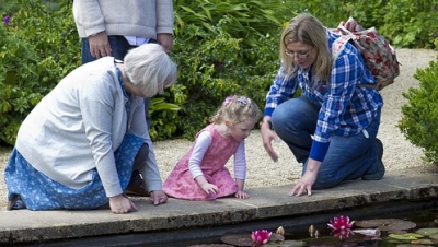 Little girl and grandparents at a lily pond